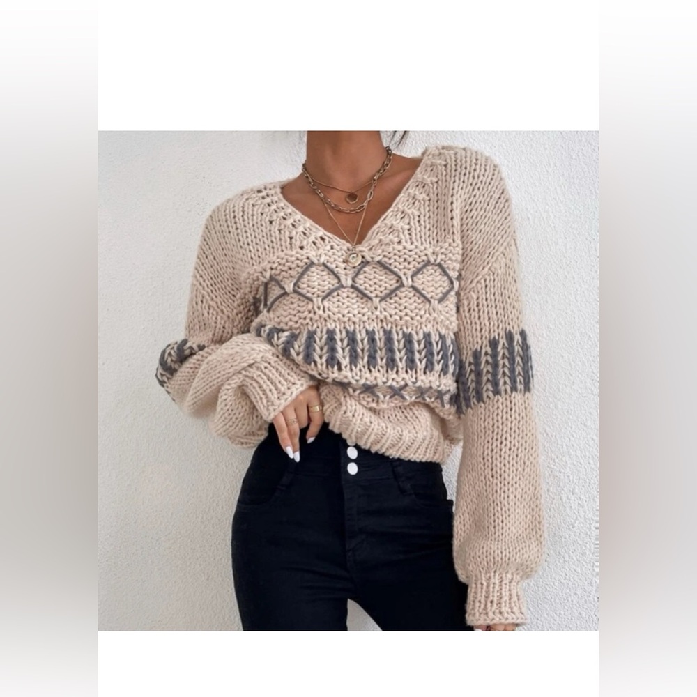 Off-the-Shoulder Knit Sweater - Cream and Gray